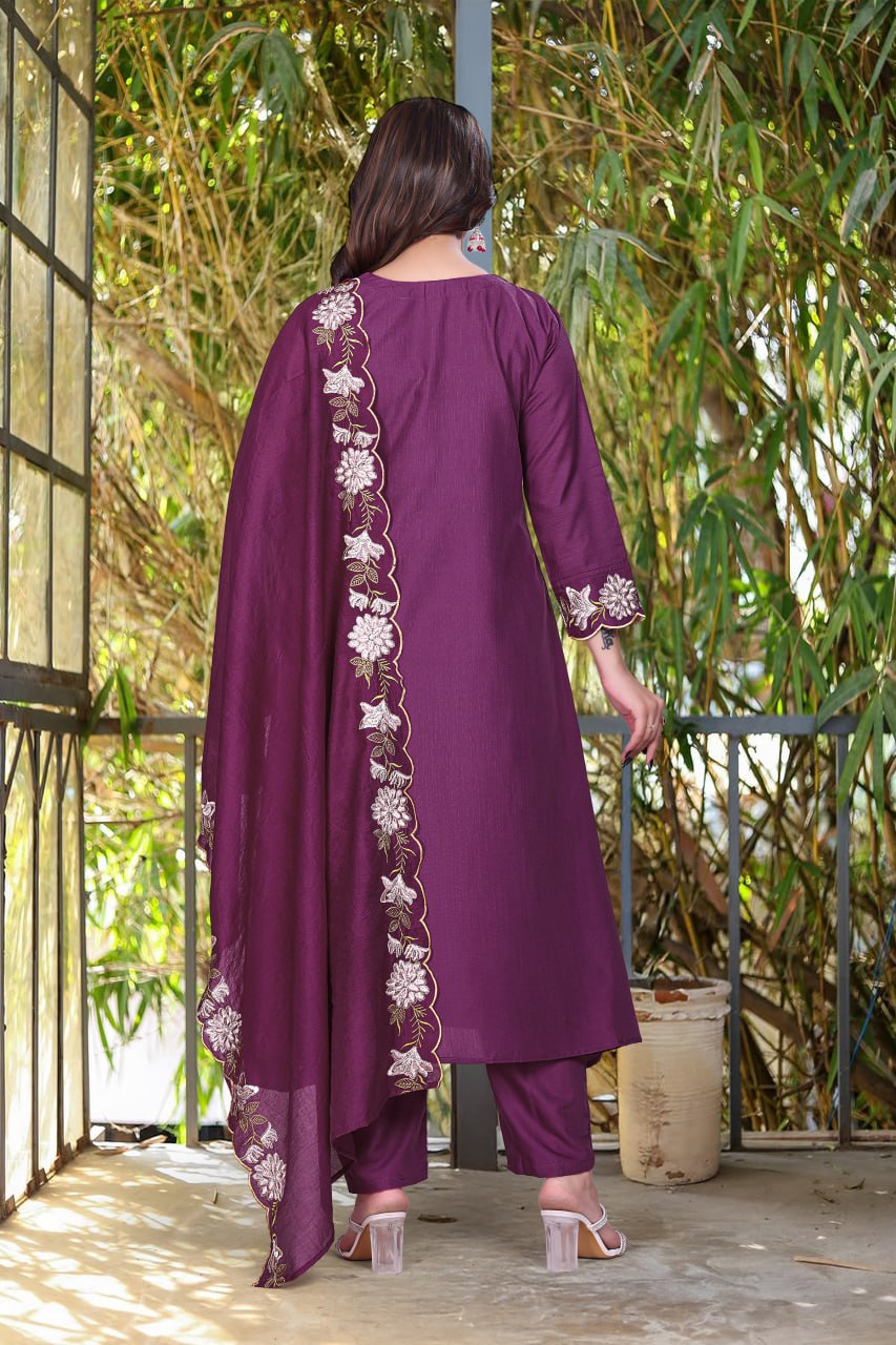AMAZING SOFT RAYON SLUB 3 PIS SUIT WITH EMBEROIDERY DESIGN FOR WOMENS