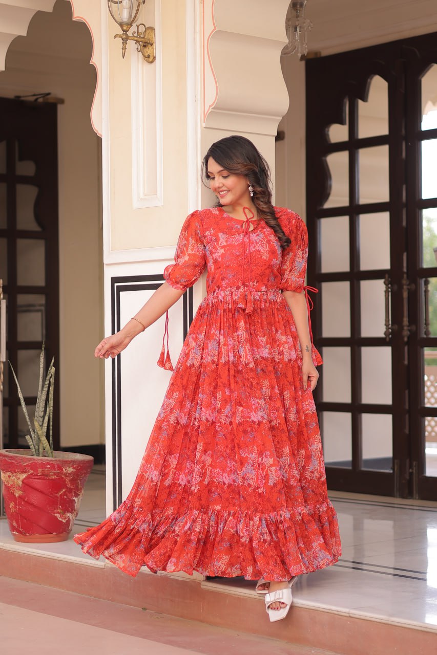 Amazing Red Full Flair Gown Made With Faux Georgette Fabrics