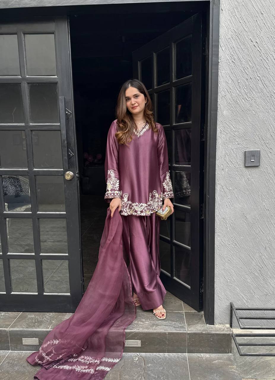 Pure Natural Crep Silk With Embroidery Sequence Work With Full Sleeve