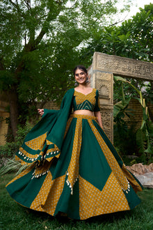 Mustard & Green Cotton Lehenga Choli Set for Navratri – 6 Meter Flair with Cowrie Work, Gota Patti & Printed Kali Design