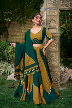 Mustard & Green Cotton Lehenga Choli Set for Navratri – 6 Meter Flair with Cowrie Work, Gota Patti & Printed Kali Design