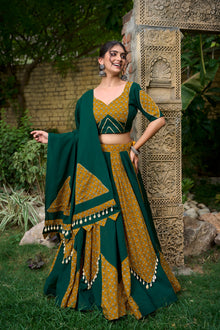 Mustard & Green Cotton Lehenga Choli Set for Navratri – 6 Meter Flair with Cowrie Work, Gota Patti & Printed Kali Design