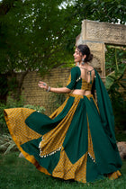 Mustard & Green Cotton Lehenga Choli Set for Navratri – 6 Meter Flair with Cowrie Work, Gota Patti & Printed Kali Design