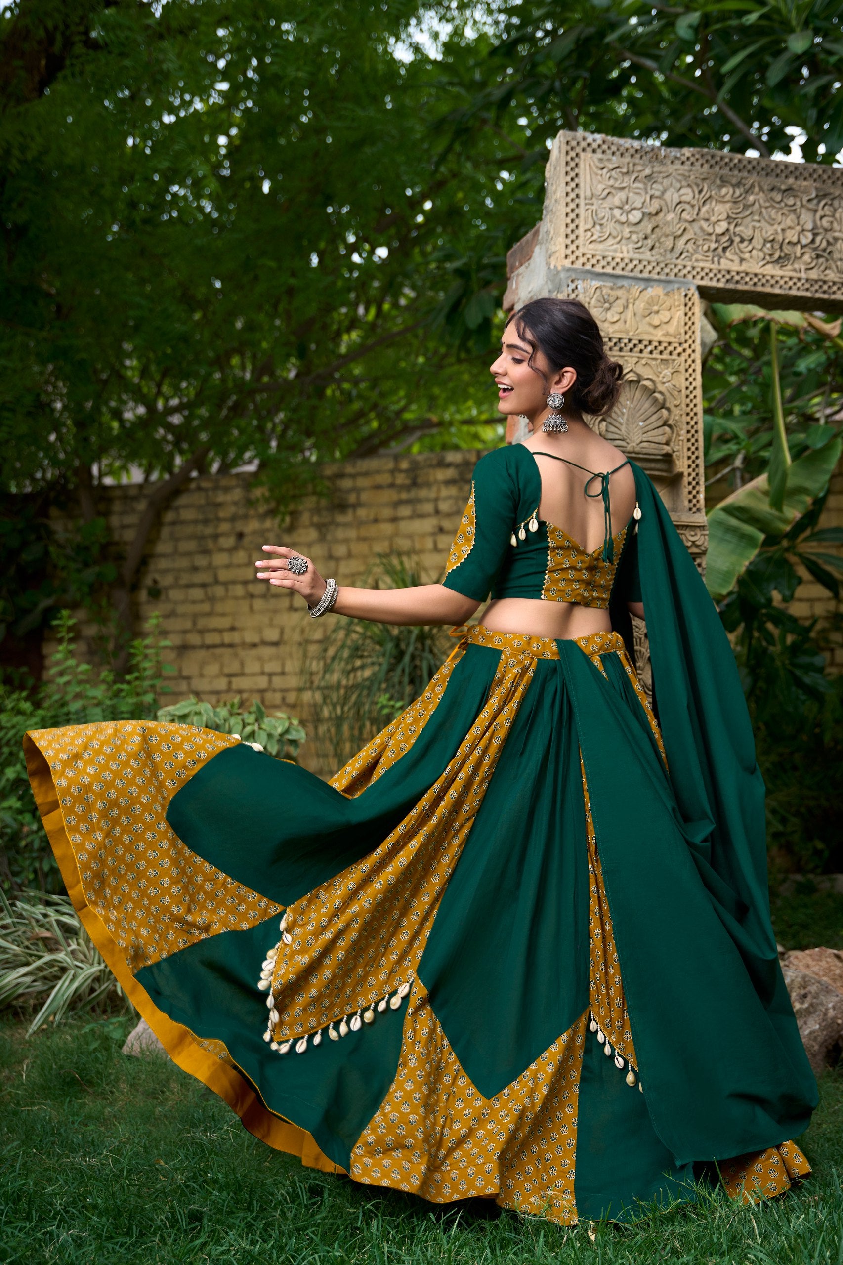 Mustard & Green Cotton Lehenga Choli Set for Navratri – 6 Meter Flair with Cowrie Work, Gota Patti & Printed Kali Design