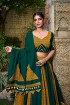Mustard & Green Cotton Lehenga Choli Set for Navratri – 6 Meter Flair with Cowrie Work, Gota Patti & Printed Kali Design