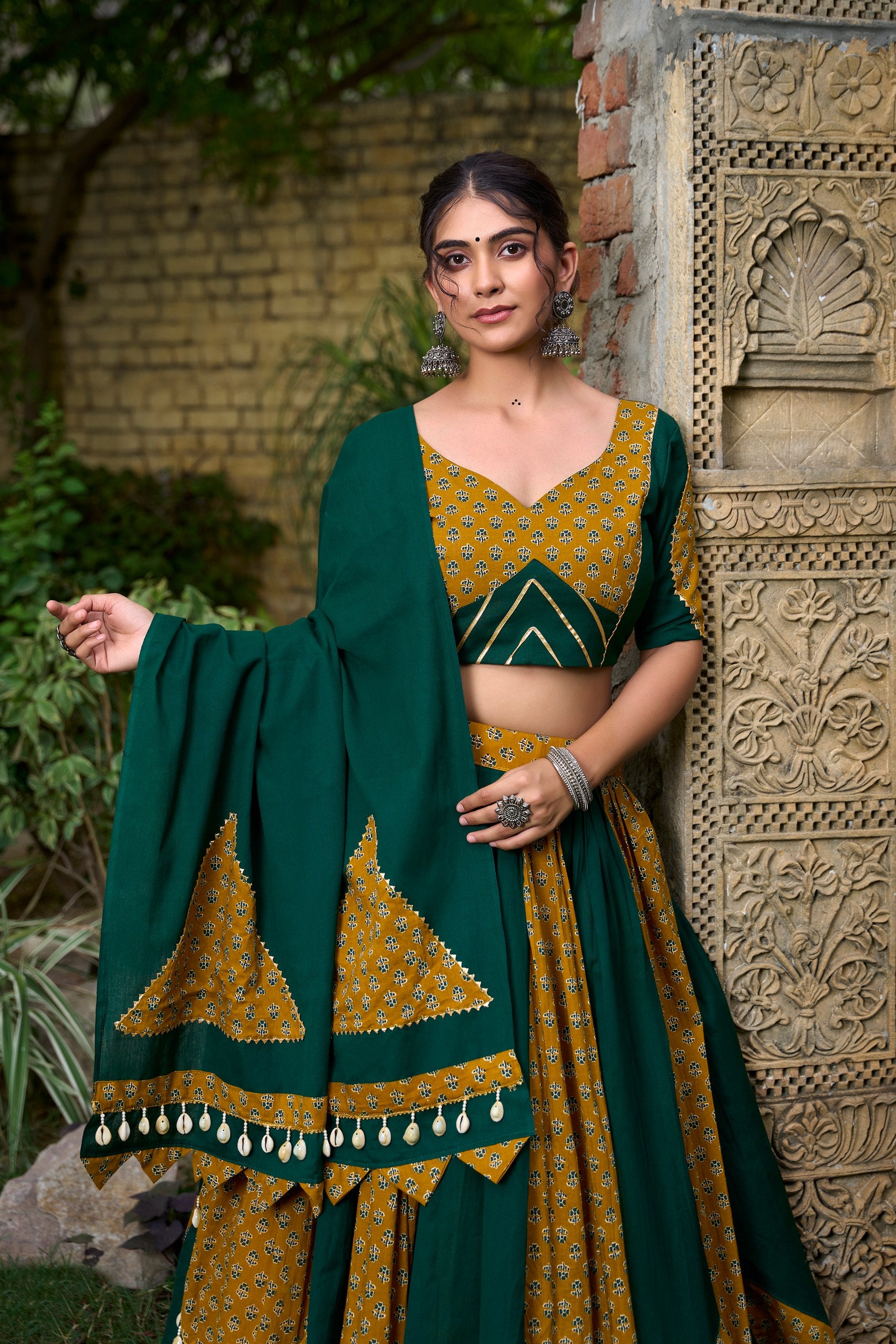 Mustard & Green Cotton Lehenga Choli Set for Navratri – 6 Meter Flair with Cowrie Work, Gota Patti & Printed Kali Design