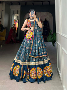Festive Rayon Navratri Lehenga Choli Set with Foil Print, Gamthi Patchwork & Gota Lace – Includes Blouse, Dupatta & Purse