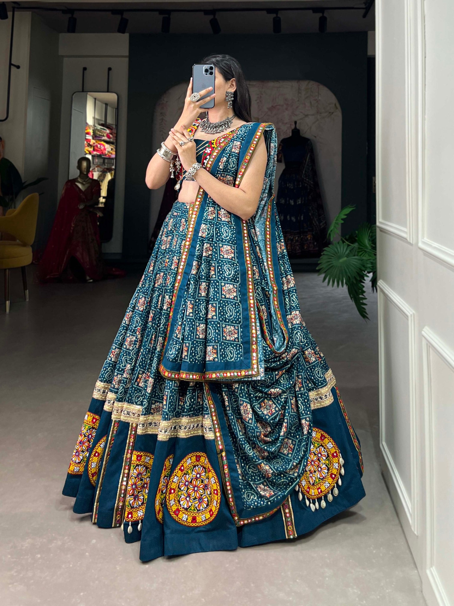 Festive Rayon Navratri Lehenga Choli Set with Foil Print, Gamthi Patchwork & Gota Lace – Includes Blouse, Dupatta & Purse