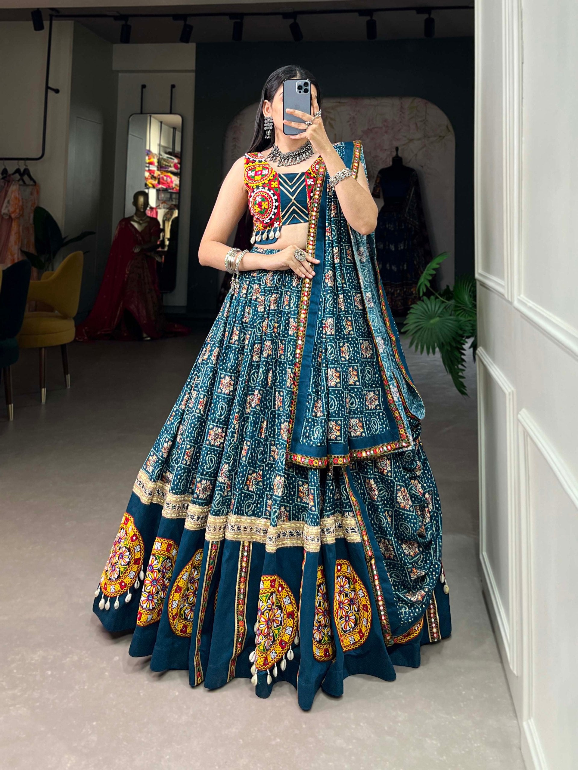 Festive Rayon Navratri Lehenga Choli Set with Foil Print, Gamthi Patchwork & Gota Lace – Includes Blouse, Dupatta & Purse