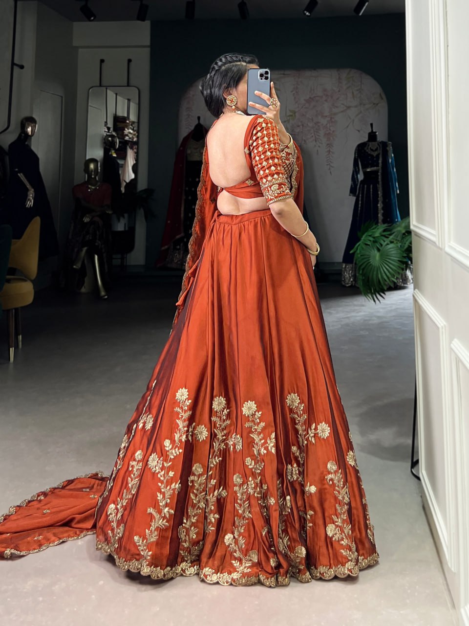 Rust Gold Rangoli Silk Embroidered Lehenga Choli Set for Women – 3 Piece Outfit with Dupatta | Zivera Clothing 2025 Collection