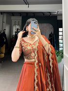 Rust Gold Rangoli Silk Embroidered Lehenga Choli Set for Women – 3 Piece Outfit with Dupatta | Zivera Clothing 2025 Collection