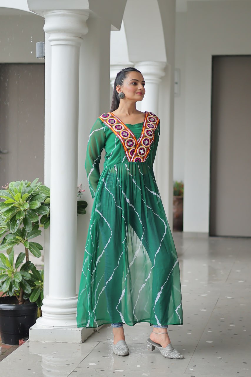 Navratri Special 2025 – Leheriya Print Kurti for Women with Kutchi Patchwork | Faux Georgette V-Neck Kurti