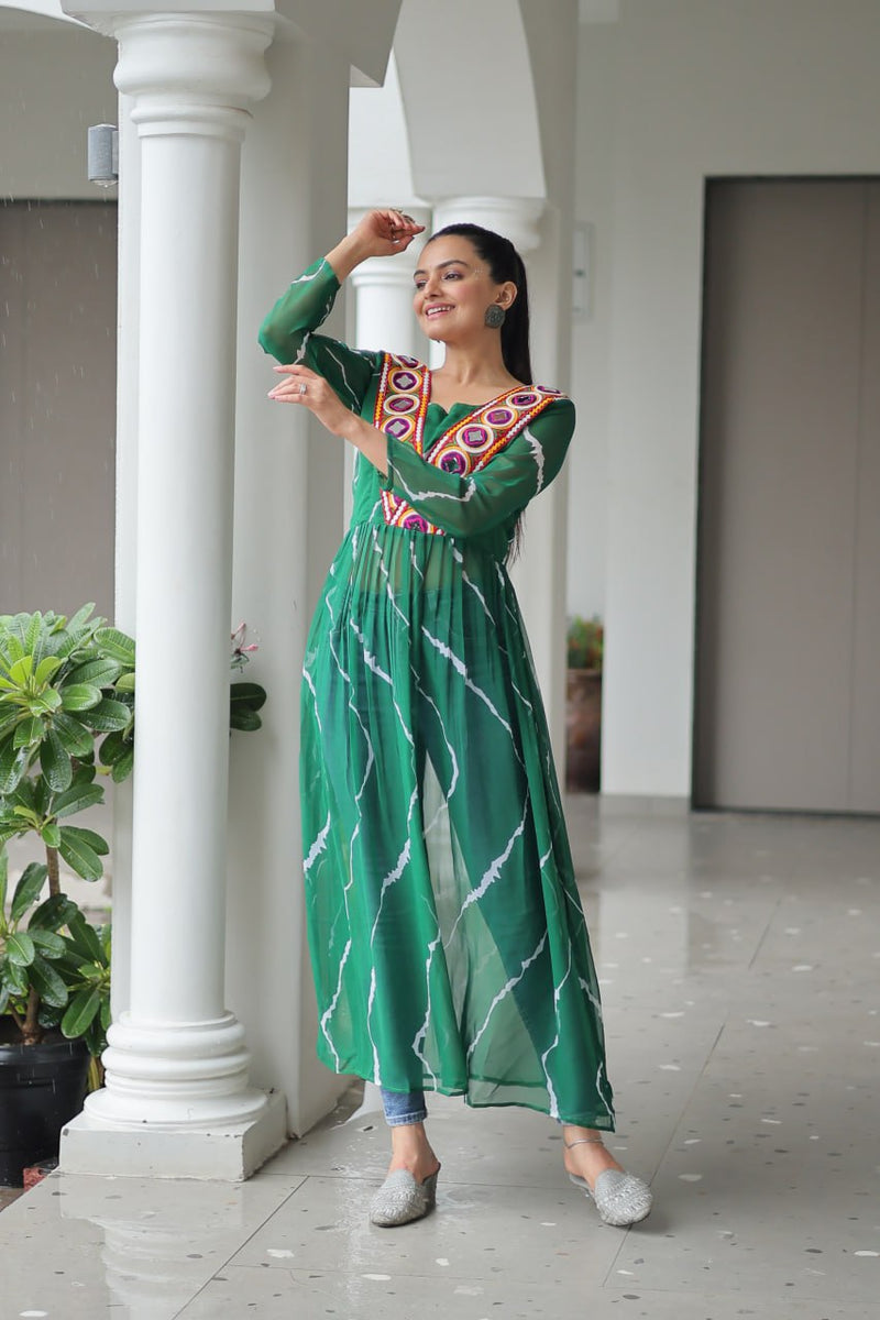 Navratri Special 2025 – Leheriya Print Kurti for Women with Kutchi Patchwork | Faux Georgette V-Neck Kurti