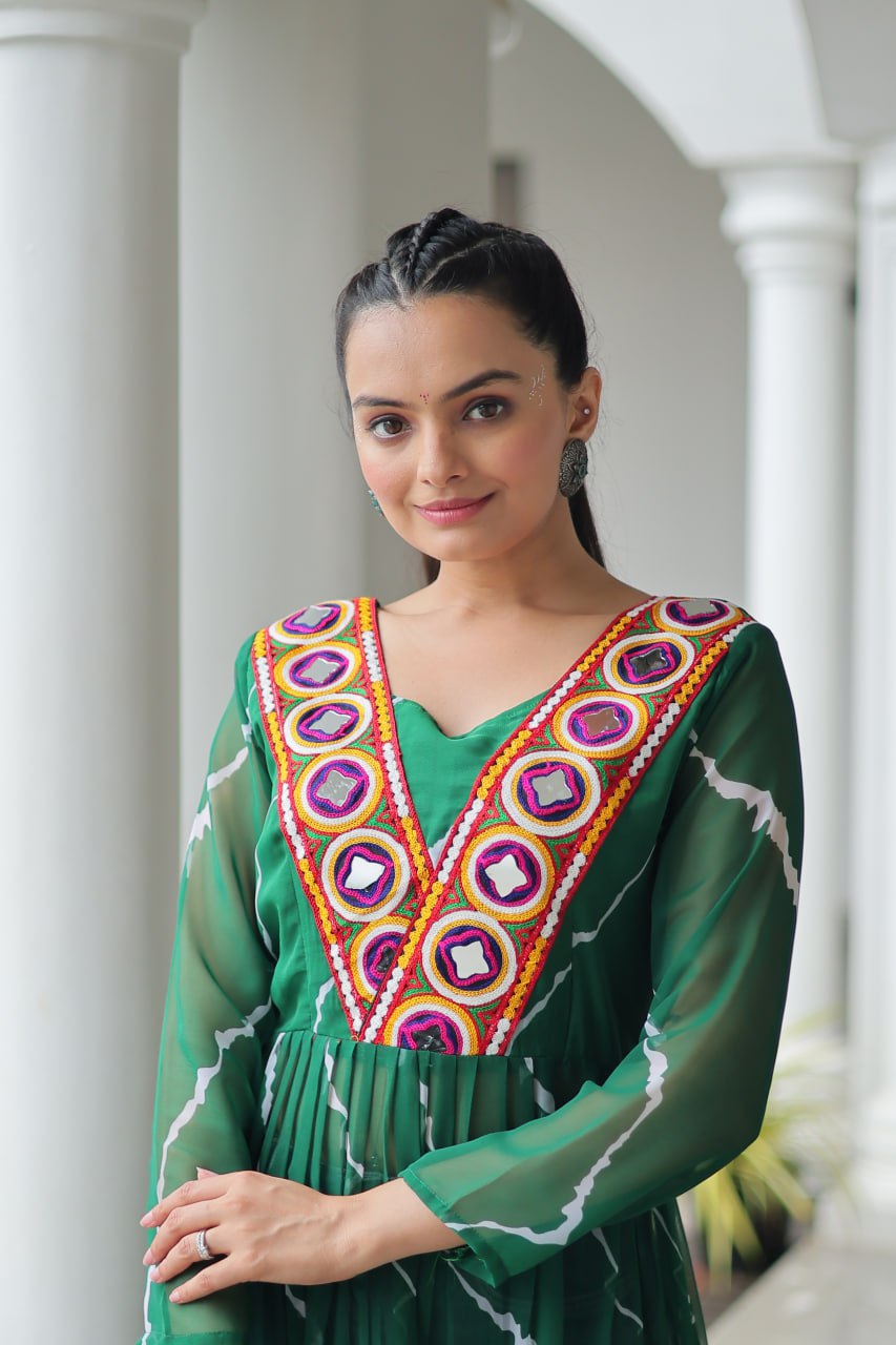 Navratri Special 2025 – Leheriya Print Kurti for Women with Kutchi Patchwork | Faux Georgette V-Neck Kurti