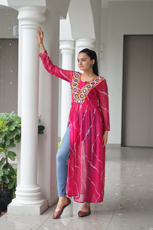 Navratri Special 2025 – Leheriya Print Kurti for Women with Kutchi Patchwork | Faux Georgette V-Neck Kurti