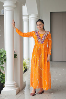 Navratri Special 2025 – Leheriya Print Kurti for Women with Kutchi Patchwork | Faux Georgette V-Neck Kurti