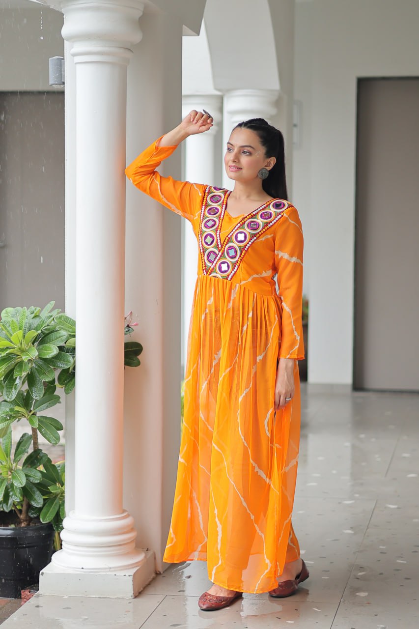 Navratri Special 2025 – Leheriya Print Kurti for Women with Kutchi Patchwork | Faux Georgette V-Neck Kurti