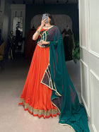 Traditional Rayon Lehenga Choli with Gamthi Mirror Work & 8-Meter Flair – Navratri & Festive Wear Set