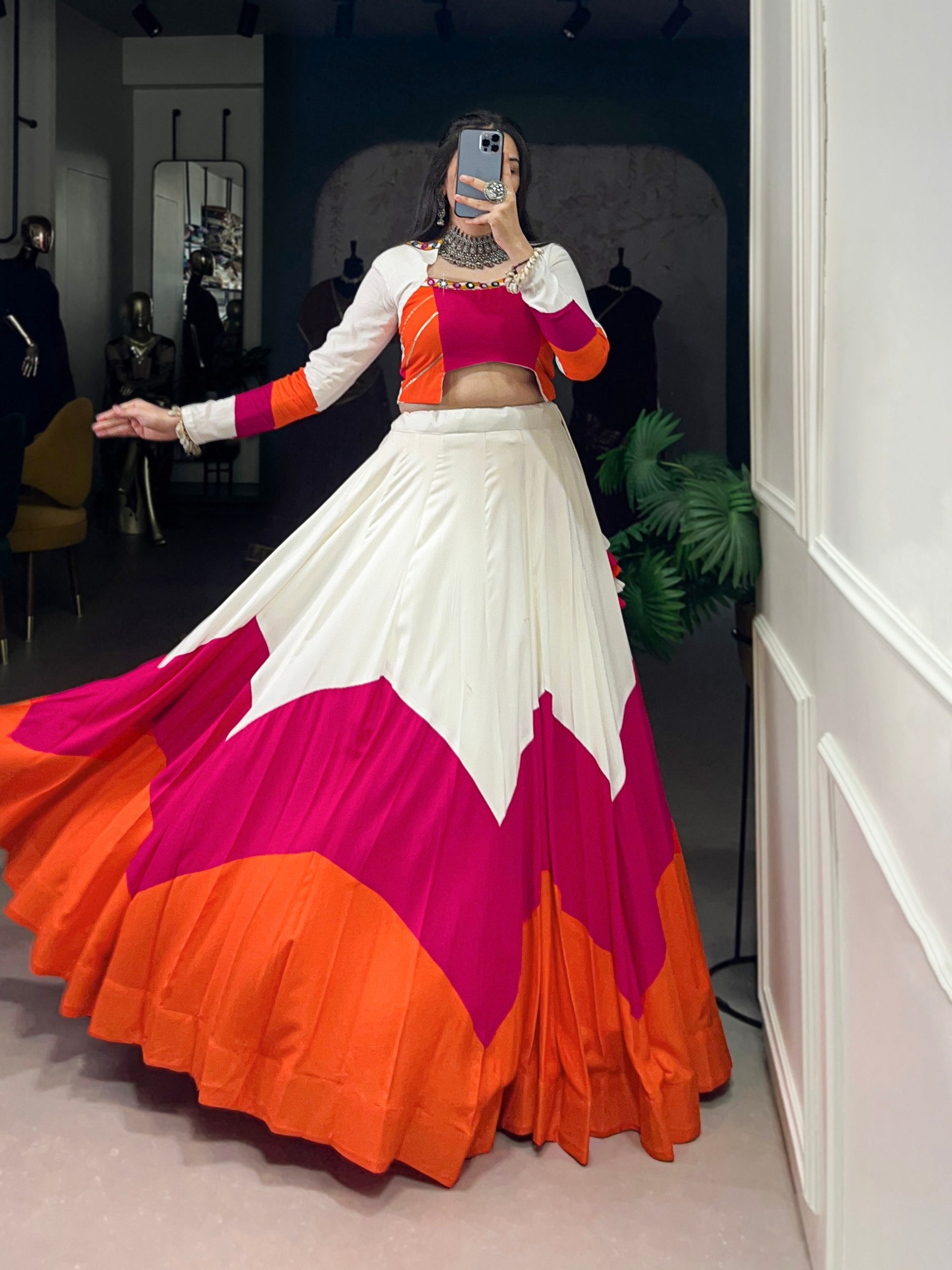 Premium Navratri Lehenga Choli 2025 – Mirror Work Blouse with 6 Meter Flared Rayon Skirt | Ready to Wear Ethnic Set