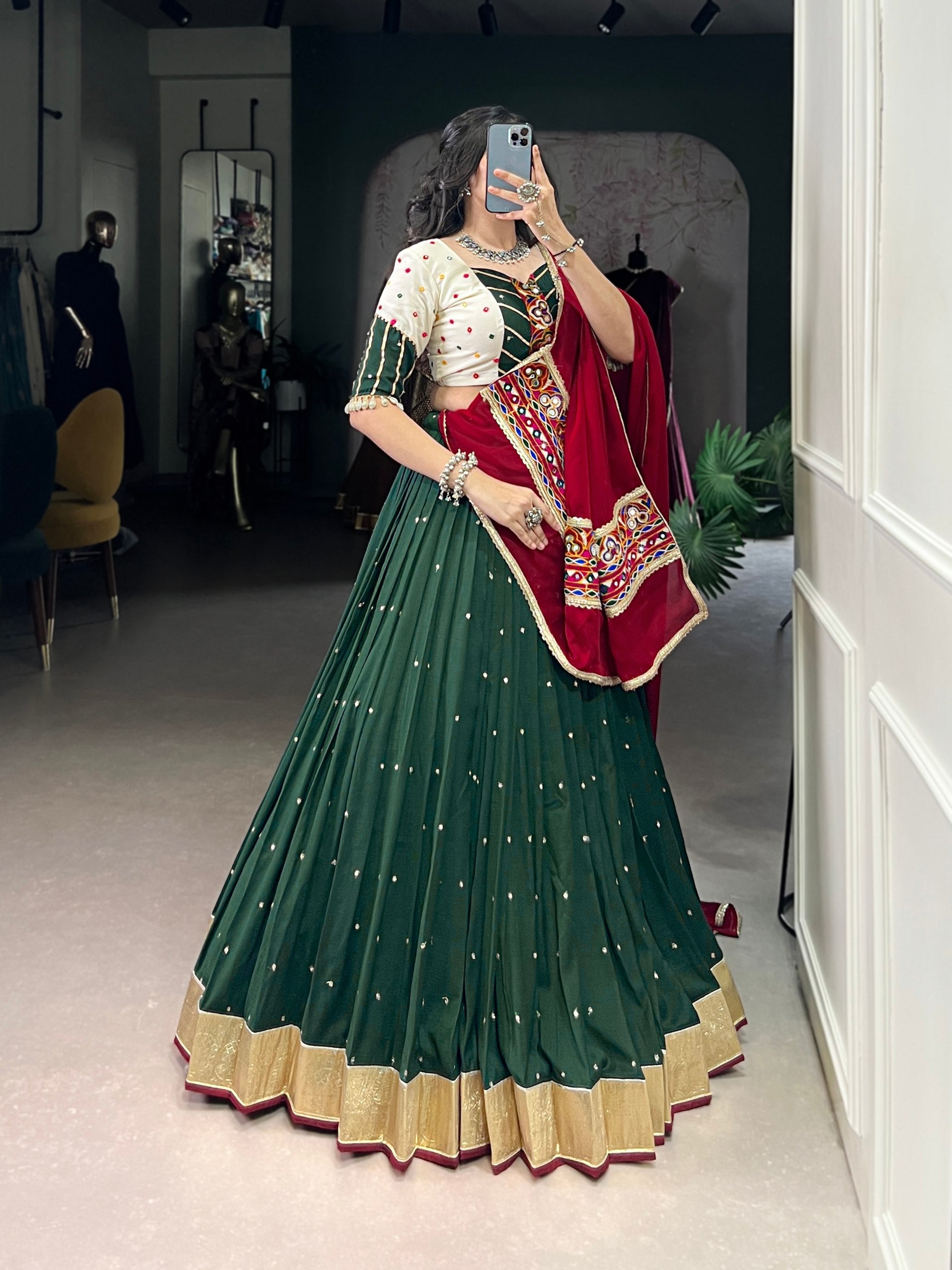 Traditional Navratri Lehenga Choli Set for Women – Chiffon Embroidered Lehenga with Mirror Work Blouse & Chinon Dupatta | Stitched | Festive Garba Wear
