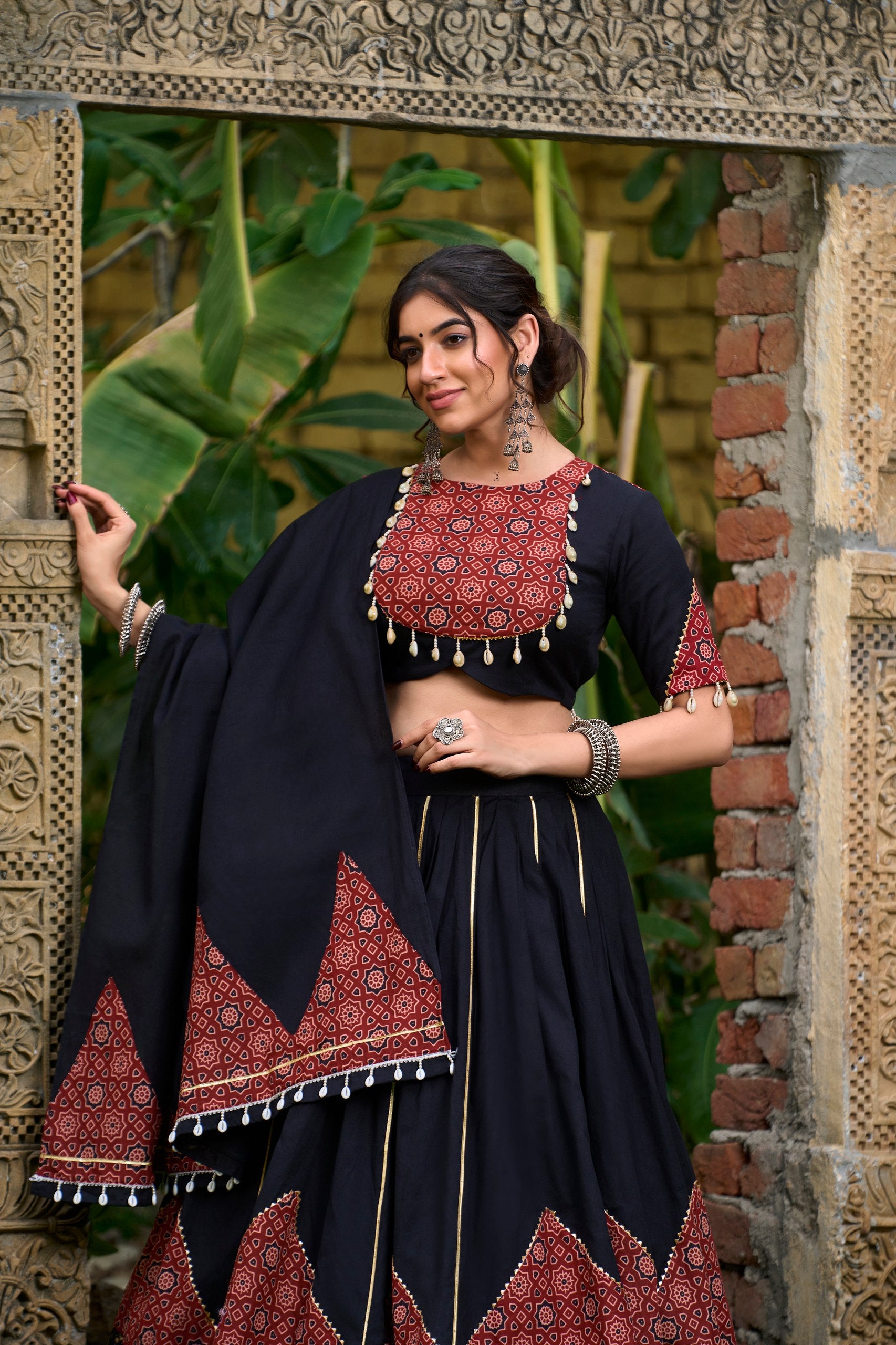 Elegant Black Navratri Lehenga Choli Set with Printed Detailing, Gota Patti & Kodi Lace Accents – Pure Cotton