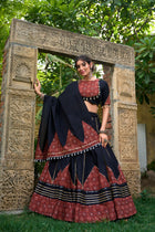 Elegant Black Navratri Lehenga Choli Set with Printed Detailing, Gota Patti & Kodi Lace Accents – Pure Cotton
