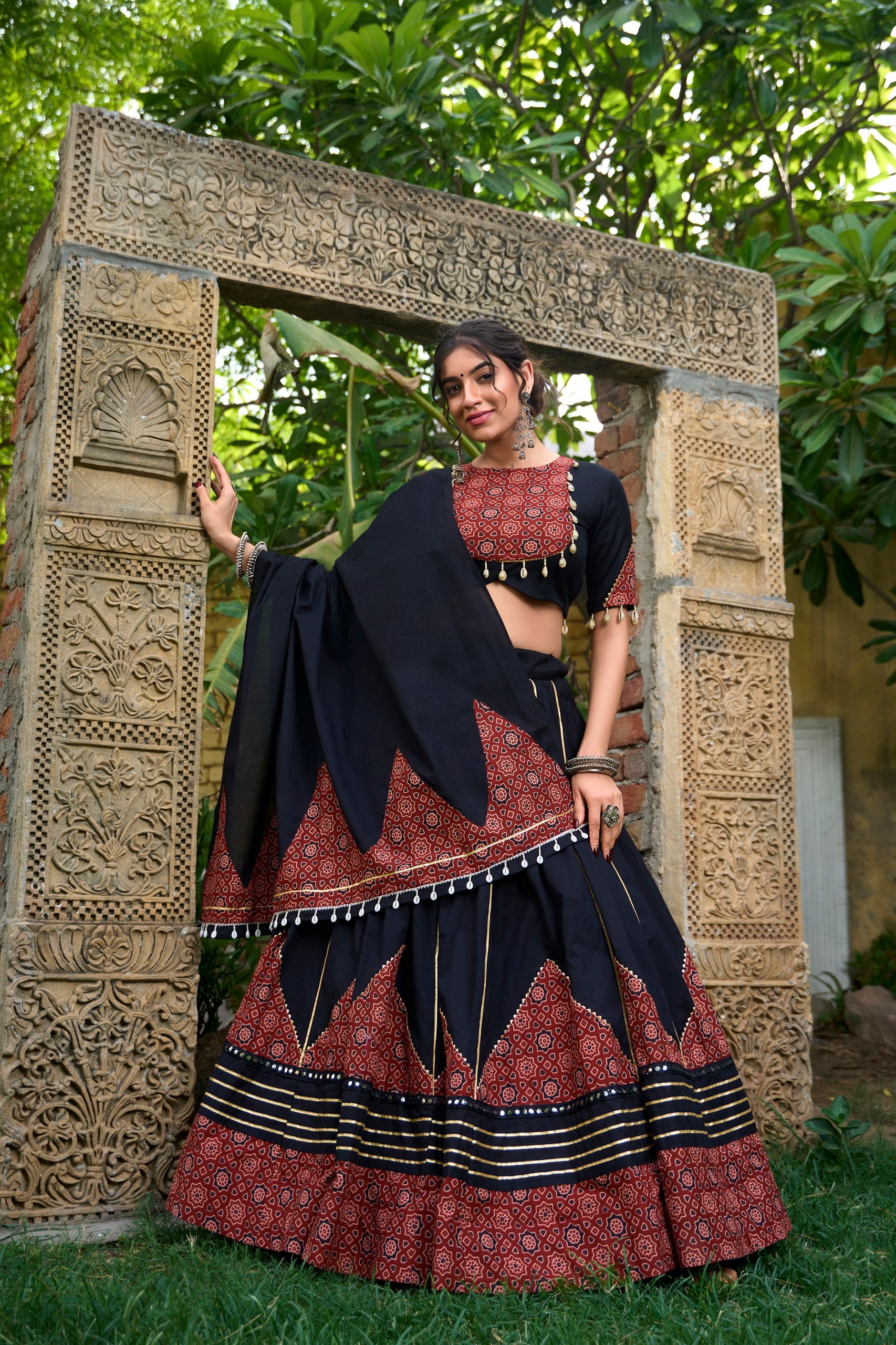 Elegant Black Navratri Lehenga Choli Set with Printed Detailing, Gota Patti & Kodi Lace Accents – Pure Cotton