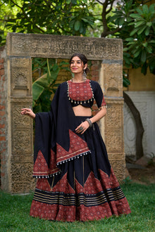 Elegant Black Navratri Lehenga Choli Set with Printed Detailing, Gota Patti & Kodi Lace Accents – Pure Cotton