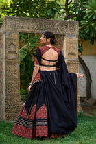 Elegant Black Navratri Lehenga Choli Set with Printed Detailing, Gota Patti & Kodi Lace Accents – Pure Cotton